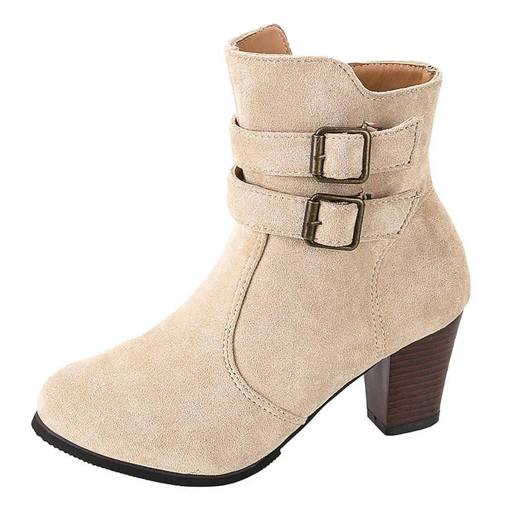 Женские ботинки в римском стиле, большие размеры, с боковой молнией и ремешком, с пряжкой, на не сужающемся книзу массивном каблуке, Женская Удобная Демисезонная обувь, C50