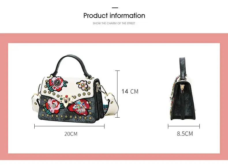 KULUOSIDI Fashion Small Flap Bag Rivet Women Messenger Bags PU Leather Female Handbags Floral Crossbody Bags with Colorful Strap small shoulder bags	