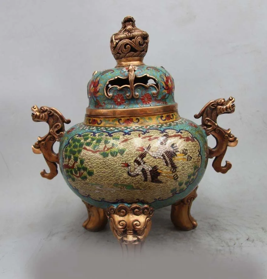 

16"Marked China bronze Cloisonne carved dragon Crane Incense burner censer