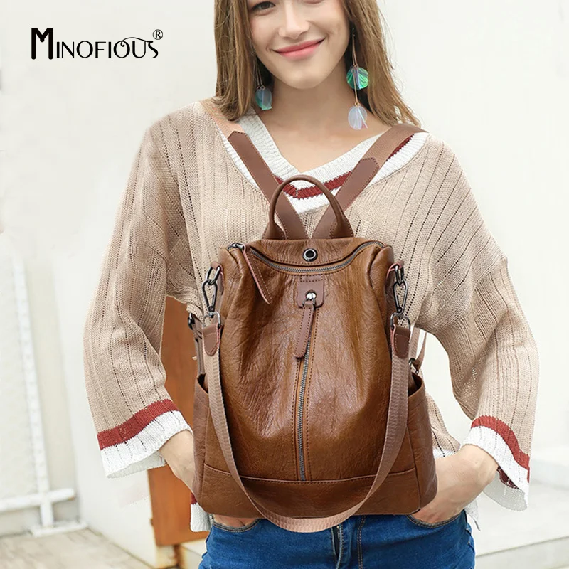 

MINOFIOUS PU Leather Women Backpack Multifunctional School Bag for Teenager Girls Large Capacity Female Backpack mochila