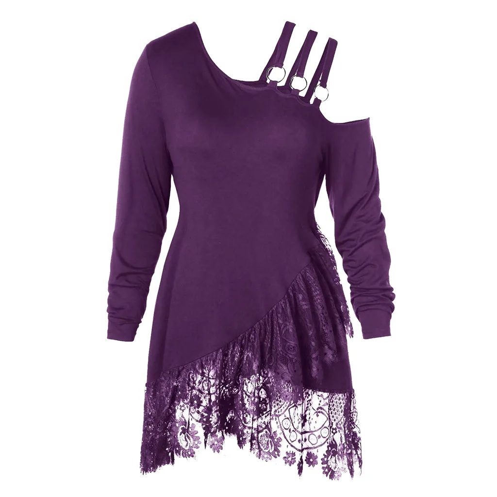 Женские топы и блузки размера плюс 5XL, винтажные кружевные блузки с открытыми плечами и длинным рукавом для женщин, готические женские топы - Цвет: Фиолетовый