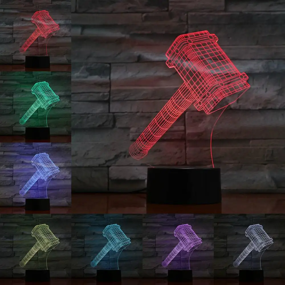 Marvel God Thor Hammer 3D Lamp Night Light USB LED Bulb Multicolor