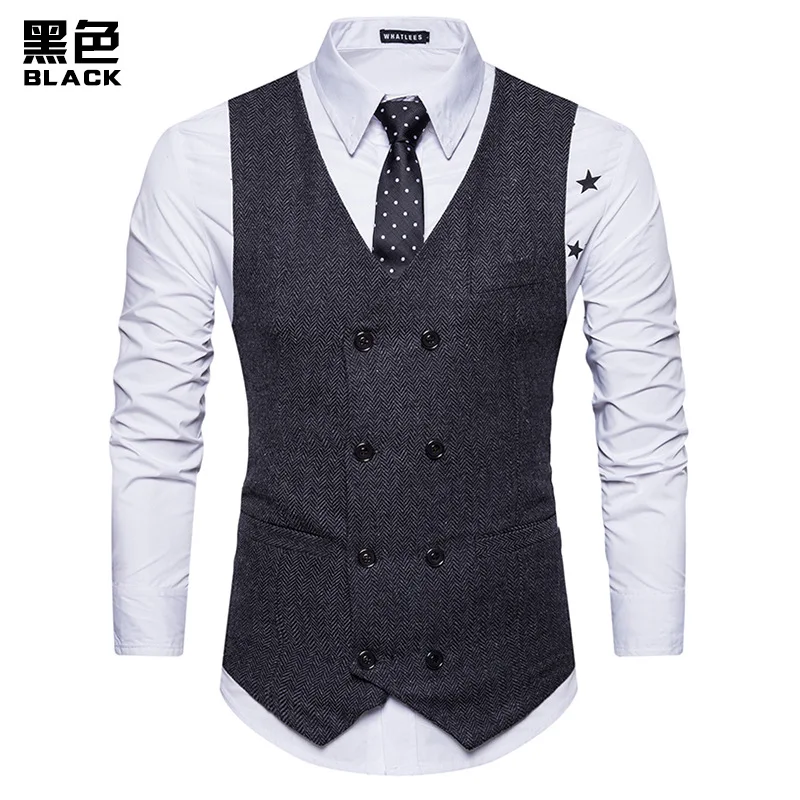 Double двубортное платье жилеты для мужчин Slim Fit Мужской жилет мужской формальный жилет для делового костюма Черный Серый Повседневный Без Рукавов