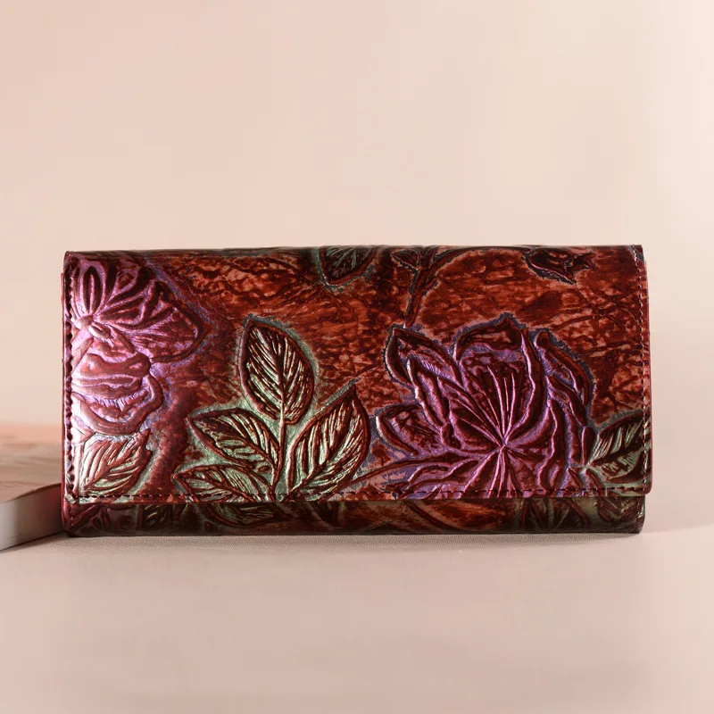 

2018 Fashion Women Wallets Genuine Leather Floral Embossed Long Purse Luxury Brand Female Coin Card Holder Purses