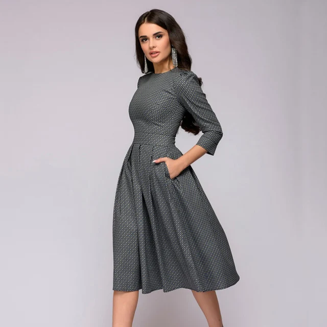 Printing 2018 Casual Jurk Herfst Met Zakken Party Vrouwen Midi n0wOkP