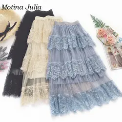Motina Джулия Лето 2019 г. кружево вязаная юбка дно для женщин вечерние Клубные миди юбка сетчатая