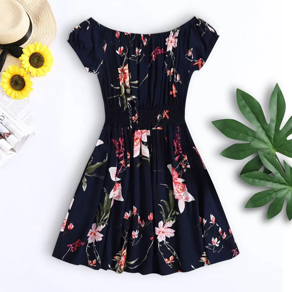 

Summer Sundress Women Beach Dress Sexy Cotton Navy Print Off Shoulder Short Sleeve Party Mini Casual Loose Dress L610