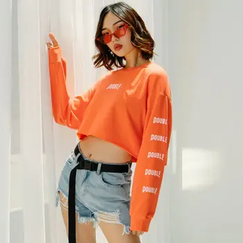 

One Size Loose Sweatshirt 2018 Autumn O Neck Long Sleeve Letter Printed Orange Hoodies Women Cotton Casual Crop Top