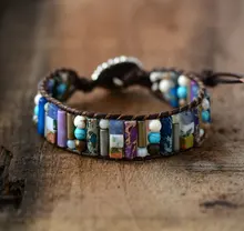 Women Boho Bracelet Tube Shape Natural Stone Stone Single Leather Wrap Bracelet Semi Precious Stone Beaded Cuff Bracelet