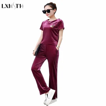 

LXMSTH Plus Size Casual Suit Women Short Sleeve Wide Leg 2 Piece Pants Sets Velvet Tracksuits Embroidery Two Piece Set Summer