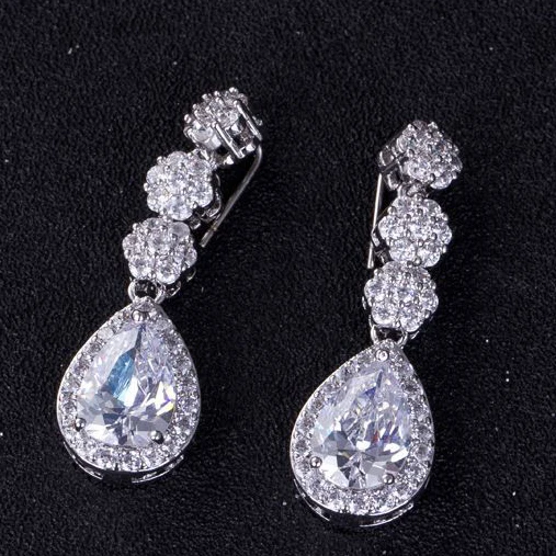 AAA Cubic Zirconia Women Clip Earrings White Gold Water Drop Jewelry