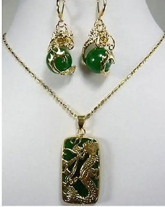 

Jewelry Fashion New Green jade Dragon Pendant necklace earring set For Women 5.23