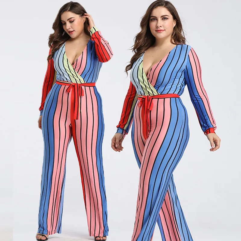 

Women Romper Boho multicolour Striped Jumpsuit 2019 Spring Sexy Deep V-Neck Long Overalls Jumpsuit Collect waist Wide Leg Pant