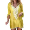 Robe De plage en dentelle ajourée, Patchwork, garniture Pom Pom et pompon, Cover-Up, pour femmes, paréos, vêtements De plage, 2022 ► Photo 2/6
