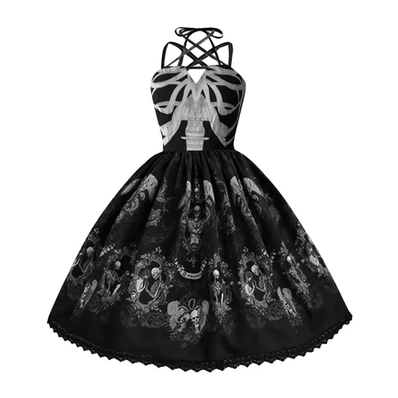 Skull Print Dress For Women Punk Style Summer Dress Strap Hepburn Dress Big Swing Party Dress Large Vestido De Festa 40JUN57