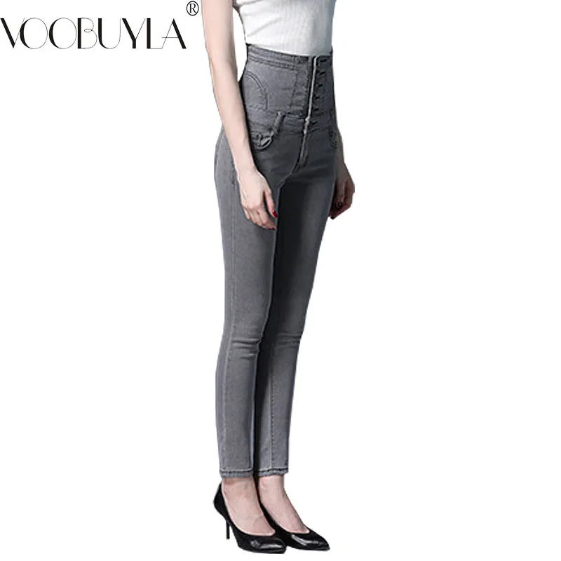 Voobuyla размера плюс S-6XL, женские джинсы, Осень-зима, джинсовые штаны, женские дымчатые серые повседневные джинсы с высокой талией и пуговицами