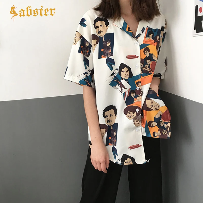 

Popular Design Summer Women's Blouses Clothes Cartoon Print Tops Loose Suit Collar Short Sleeve Chiffon Shirt XZ460