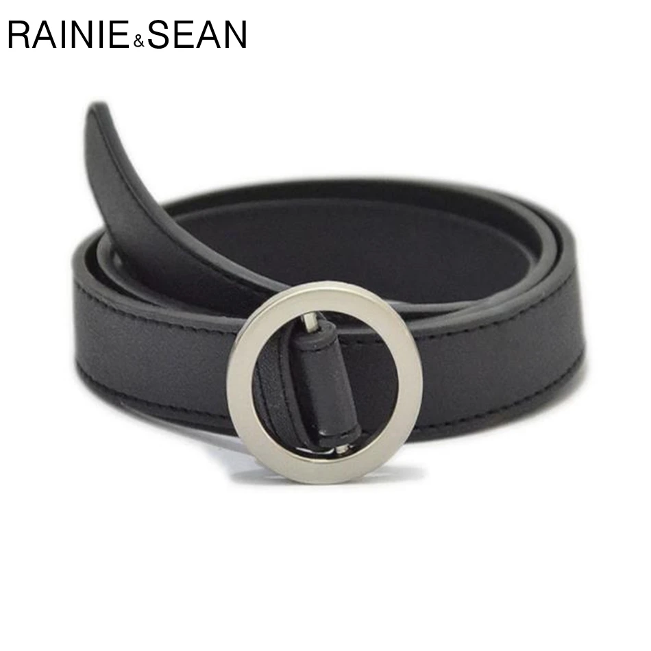 

RAINIE SEAN Leather Women Belt Black Thin Smooth Buckle Belt Belts For Women White Pink Brown Coffee Silver Burgundy Belt Ladies