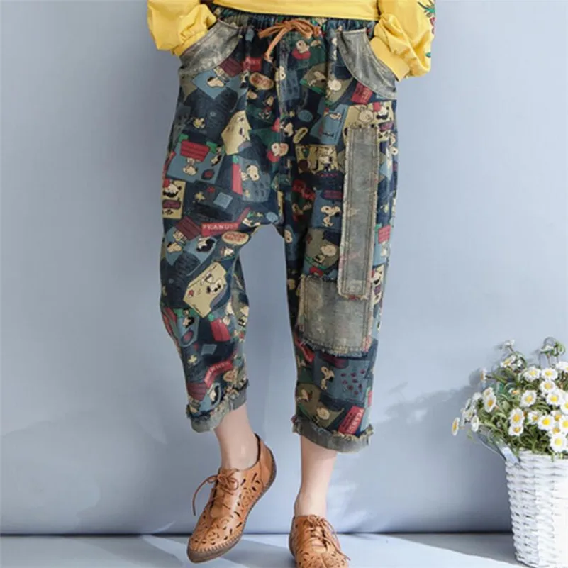 2019 сезон: весна-лето для женщин большой размеры свободные сделать старый отверстие джинсовые штаны женский эластичный пояс шаровары на