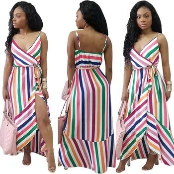 

Sleeveless Striped Print Deep V Neck Sexy Strap Backless Irregular Loose Bandage Long Dress Women Party Dress