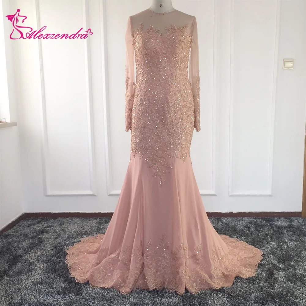 Real Photos Sexy Mermaid Lace Evening Dress Light Pink