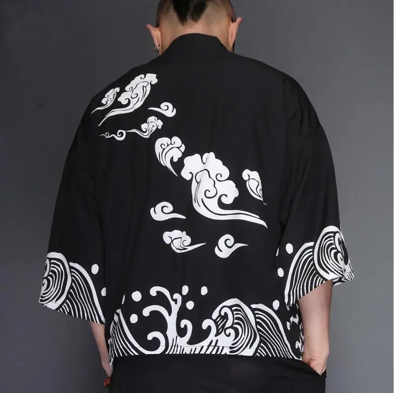 Yukata haori, мужское японское кимоно, кардиган, мужской костюм самурая, одежда, кимоно, куртка, мужское кимоно, рубашка yukata haori FZ2007 - Цвет: Черный