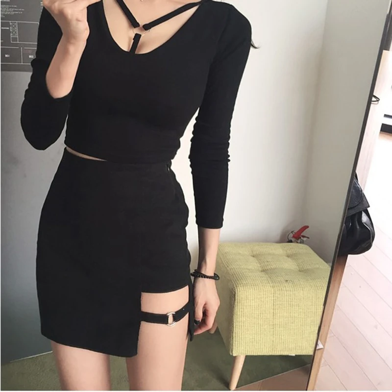 Womens Summer Cotton Sexy Mini Pencil Skirt High Waisted Hollow Out Asymmetric Metal Ring Decor Hip Cocktail Party Clubwear