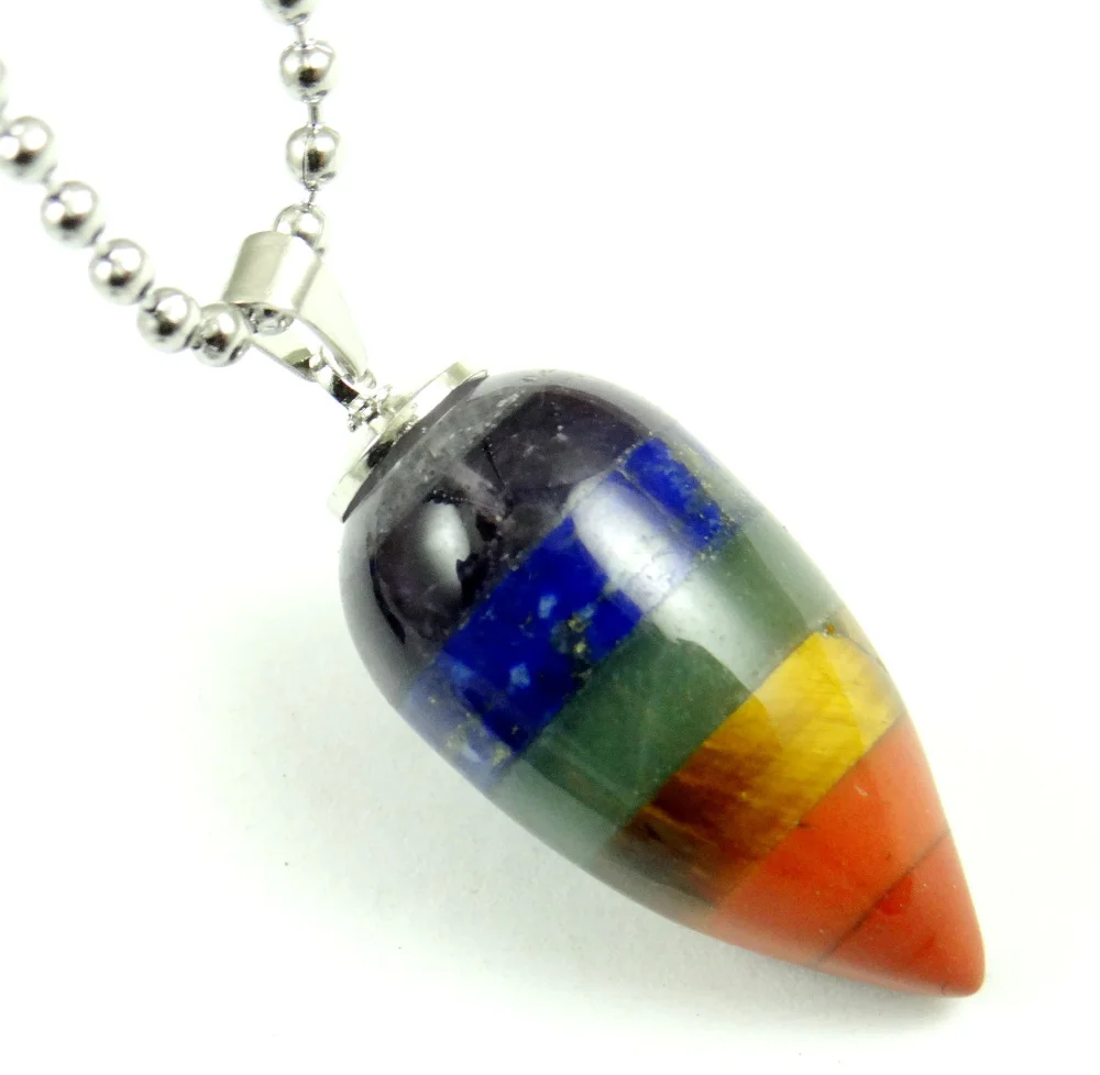 

Natural stone Rainbow 7 Chakra Healing Layered Purple Crystal Lapis Aventurine Tiger eye Egg Shap pendants necklace jewelry 1pcs