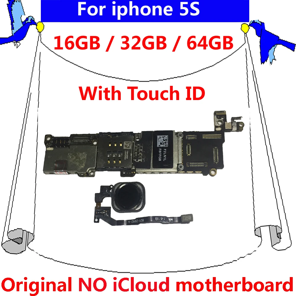 with Black White Gold touch ID motherboard for iphone 5S 5 S original unlocked mainboard 16gb
