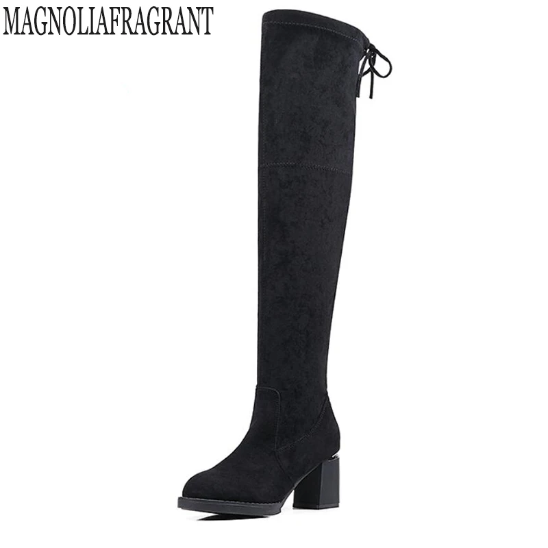 

2018 new Ladies Shoes Square Low Heel Women Over The Knee Boots Scrub Black Pointed Toe Woman Motorcycle winter Boots c186