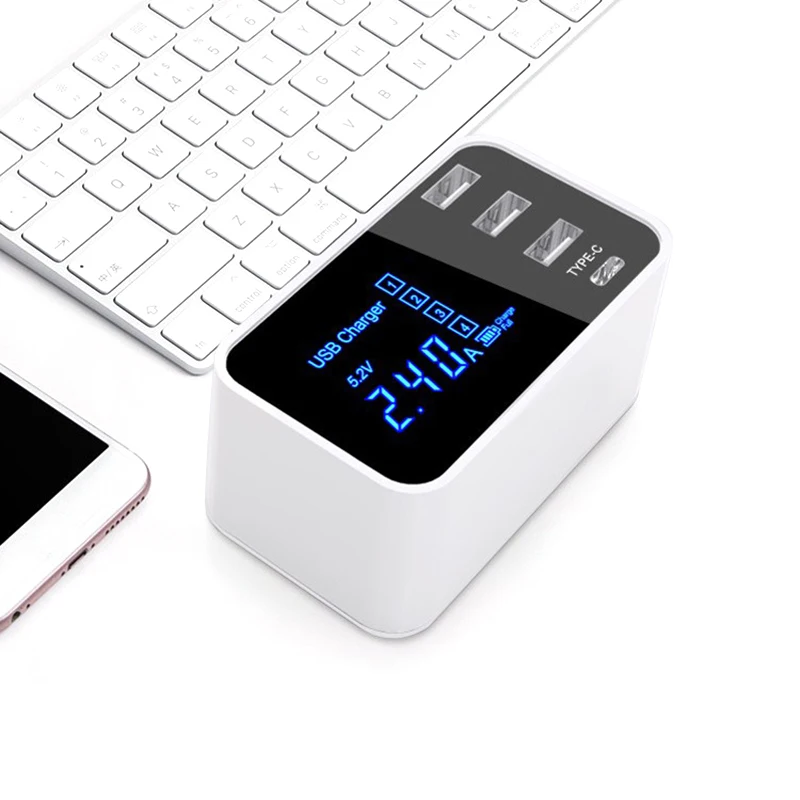 

Mobile Phone Charger 4 Ports USB Digital LCD Screen Display Smartphone Tablet Chargers Type-C charger US/EU/UK/AU Plug
