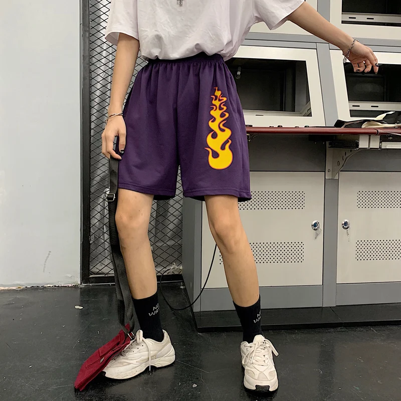 

Summer Knee Length Hip Hop Graffiti Fire Contrast Print Elastic Waist Loose Wide Cotton Pant Harajuku Streetwear Casual Jogger