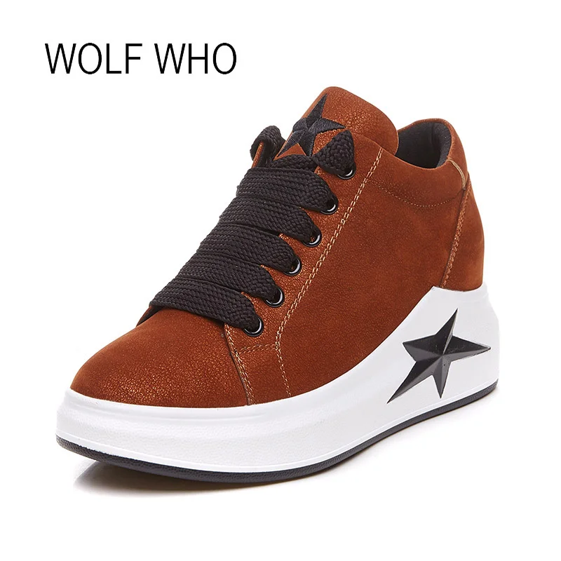 

WOLF WHO 2018 Leather Women Sneakers Star Ladies Platfrom Wedge Sneakers Female Winter Sneakers Tenis Femininos Casual H-190