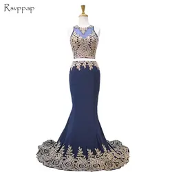 Длинное платье для выпускного вечера 2019 Реальный образец прозрачное декольте золото кружево платье с юбкой, 2 предмета темно синие