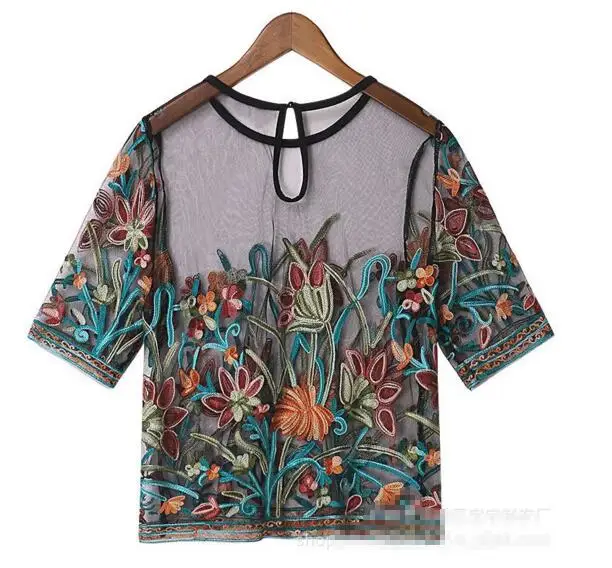 

2019 Summer New In Round Neck Flowers Embroidered Tulle Short Blouse Women's Lace Mesh Transparent Tops Shirt Blouse