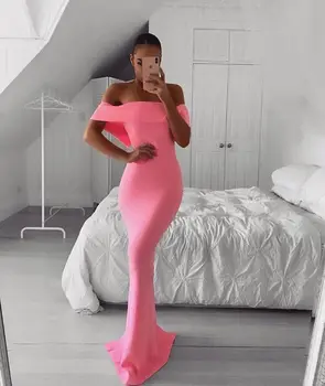 

Pink Color Ladies HL Bandage Dress Off the Shoulder Bodycon Floor Length Dress Rayon Fashion Evening Party Dress