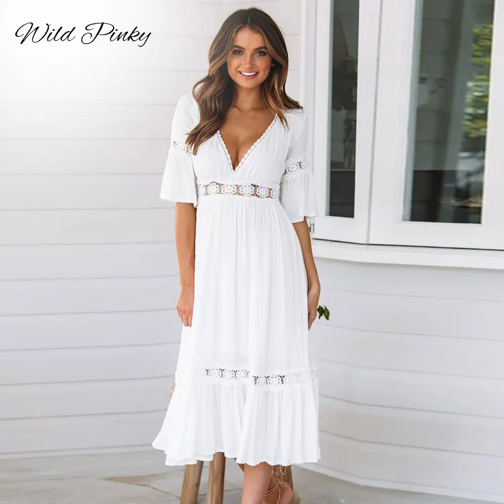 WildPinky New White Lace Up Long Sexy Dress Women Summer V-neck Hollow Out Party Bohemian Dress Casual Feminino Dresses Vestidos - Цвет: Белый