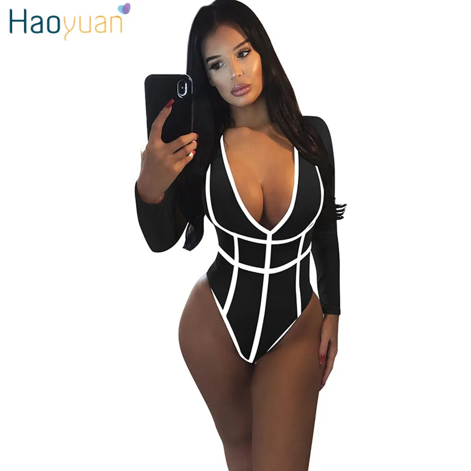 HAOYUAN Long Sleeve Sexy Bodysuit Boho Beach Jumpsuit