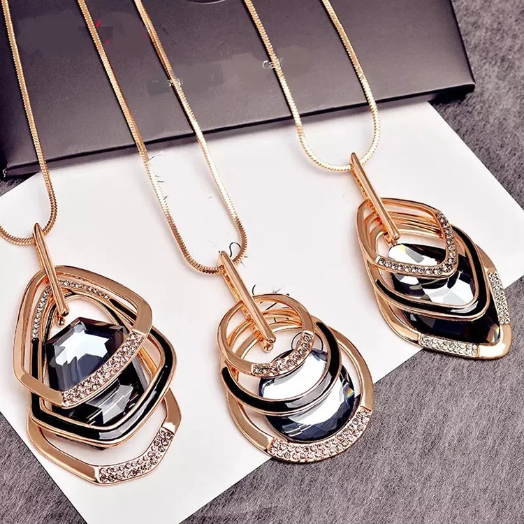 

Exaggerated Geometric Crystal Long Necklace For Women Fashion Jewelry Accessories Sweater Necklaces & Pendants