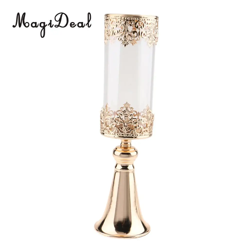 Antique Gold Metal Pedestal Candle Holder with Glass Flower Vase Crystal Draped Pillar Stand Accent Display Ornament Gift