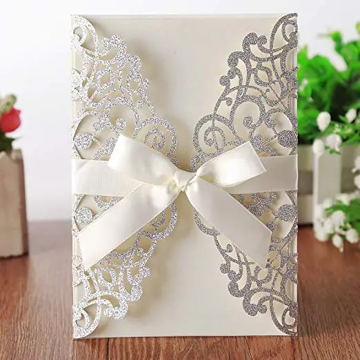  25PCS 5.12 x 7.1 '' Laser Cut Bling Wedding Invitations Cards with Ivory Ribbons - 4.00002E+12