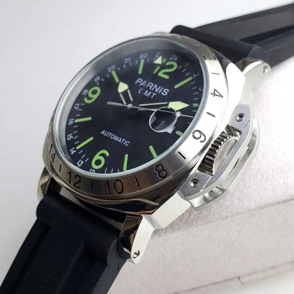 Наручные часы parnis GMT с черным циферблатом автоматические 44 мм корпус из