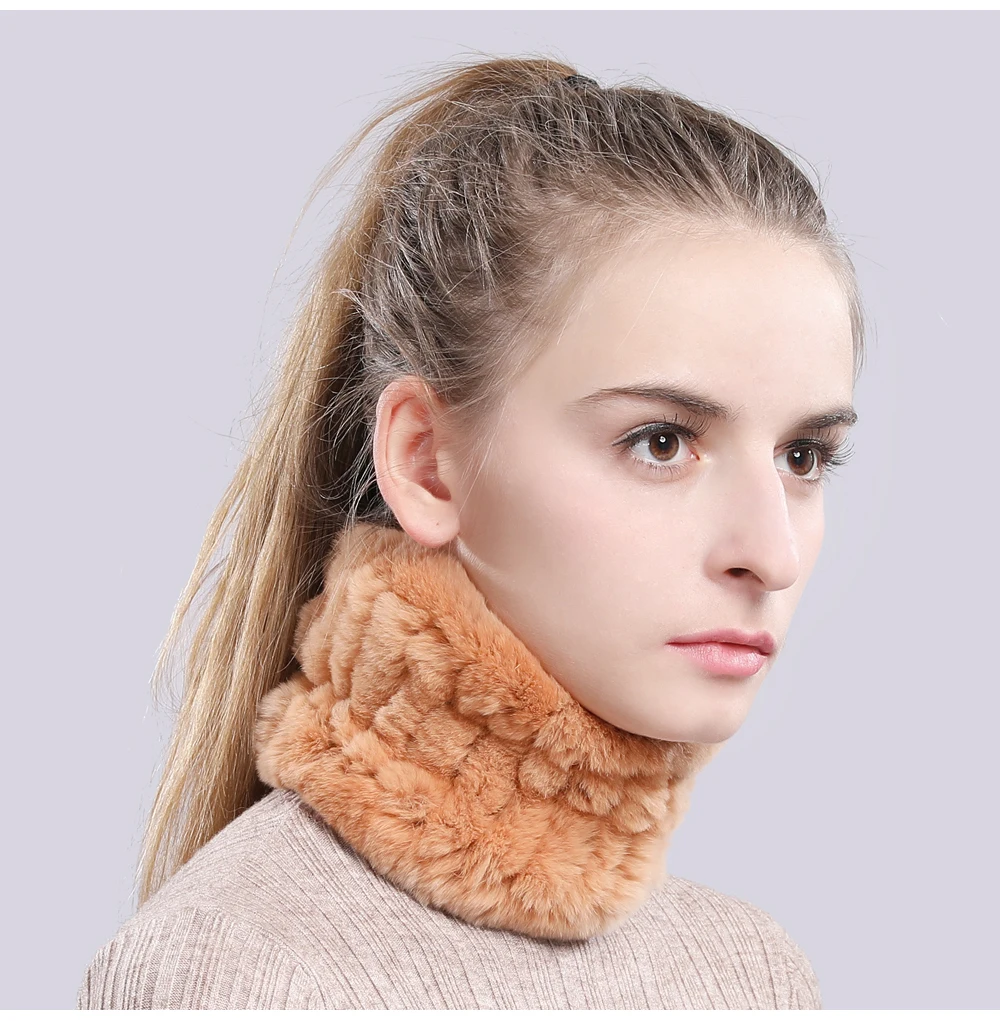 Women Real Fur Handmade Stretch Fur Scarf Knit Genuine Rex Rabbit Fur Headbands Girls Natural Fur Ring Cowl Snood Scarves Winter