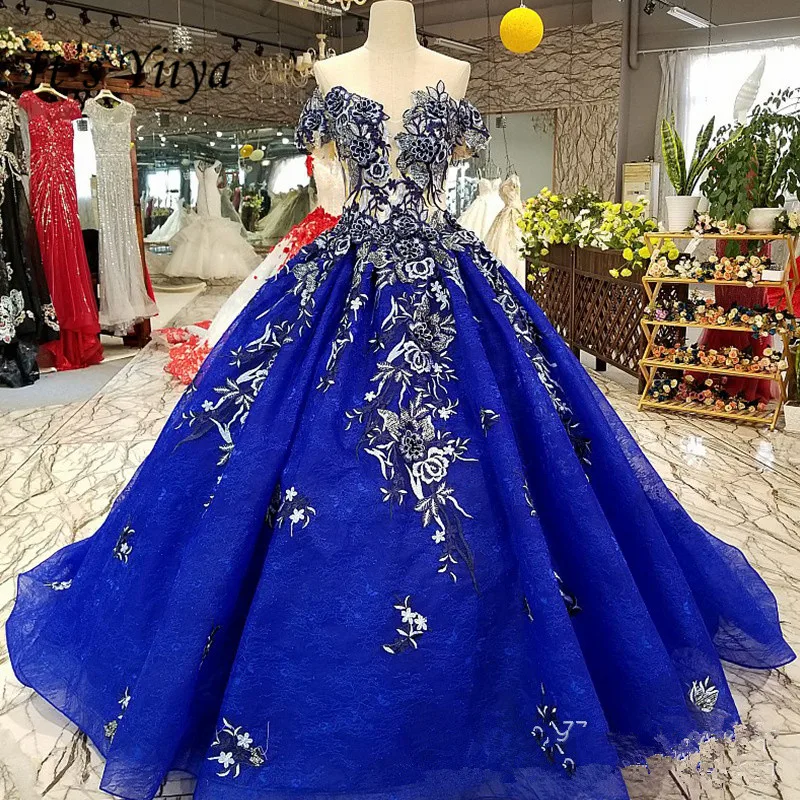 It's Yiiya Fashion Royal Blue Train Bride Gown Luxury Trailing Wedding