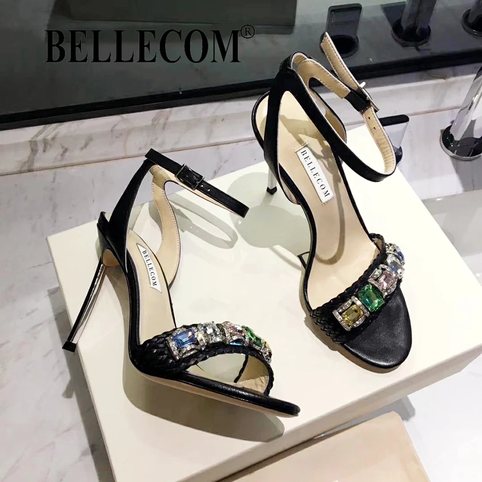 

BELLECOM Summer 2019 New Fashion Ladies'Water Diamond Sandals with Leather Open Toes and Buckles and High heels