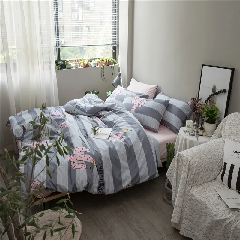 

Stripes + Pink Cactus Pattern 100% Cotton Bedding Set Duvet Cover Sets Soft Bed Linen Flat Bed Sheet Set Pillowcase 3/4pcs Soft