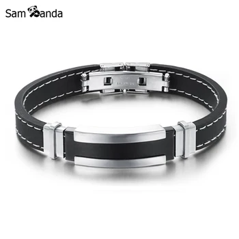 

Hot Sale Mens Bracelet Wristband Cuff Stainless Steel Black Silicone Bracelets Bangle Male Jewelry 2018 Trendy Vintage Pulseiras