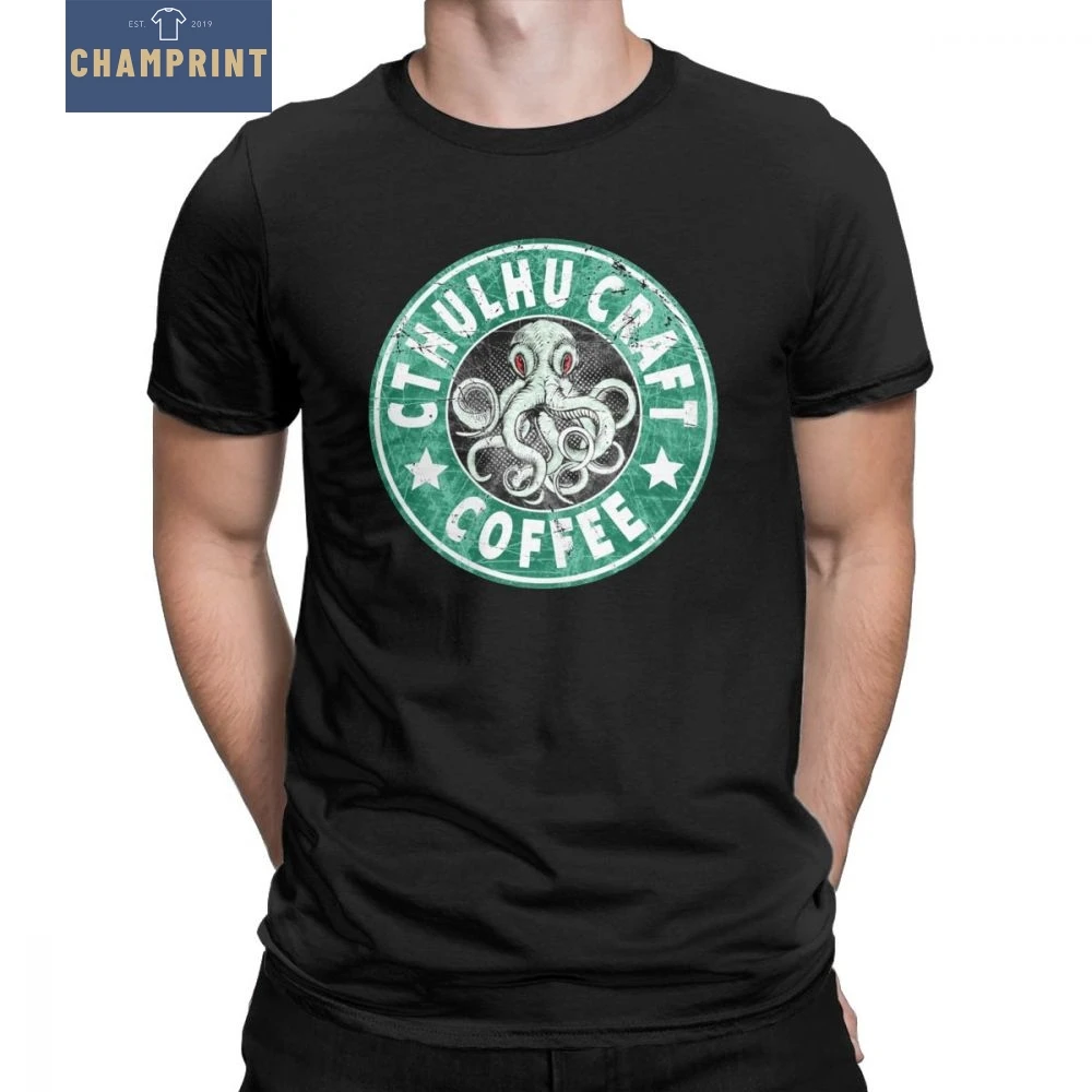 

Men's Cthulhu Craft Coffee T-Shirts Cuthlhu Lovecraft Funky Crewneck Short Sleeved Tops Pure Cotton Tees Street T Shirt 4X 5X