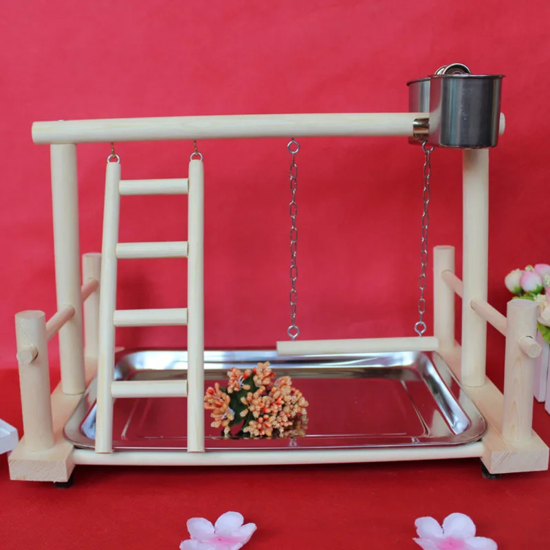 

Wood Bird Playstand Parrots Training Stand Perch Gym Bird Toys With Stainless Steel Feeding Cups Bird Accessories Supplies HW041