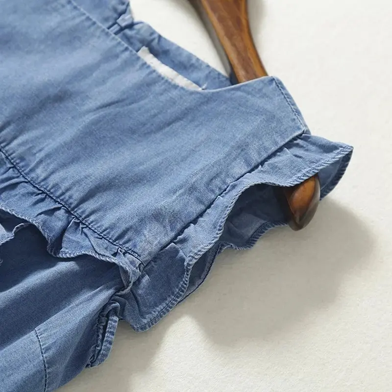 high waist sleeveless mini soft jeans dress frilled women ruffles casual summer sundress short denim beach dress cotton